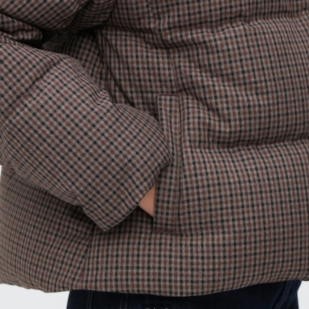 Uniqlo Women Check Patterned Down Puffer Jacket Coat Water Repellent Brown XL - Picture 4 of 13